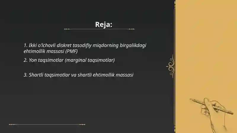 Ikki oʻlchovli diskret tasodifiy miqdor va uning taqsimot qonuni 2