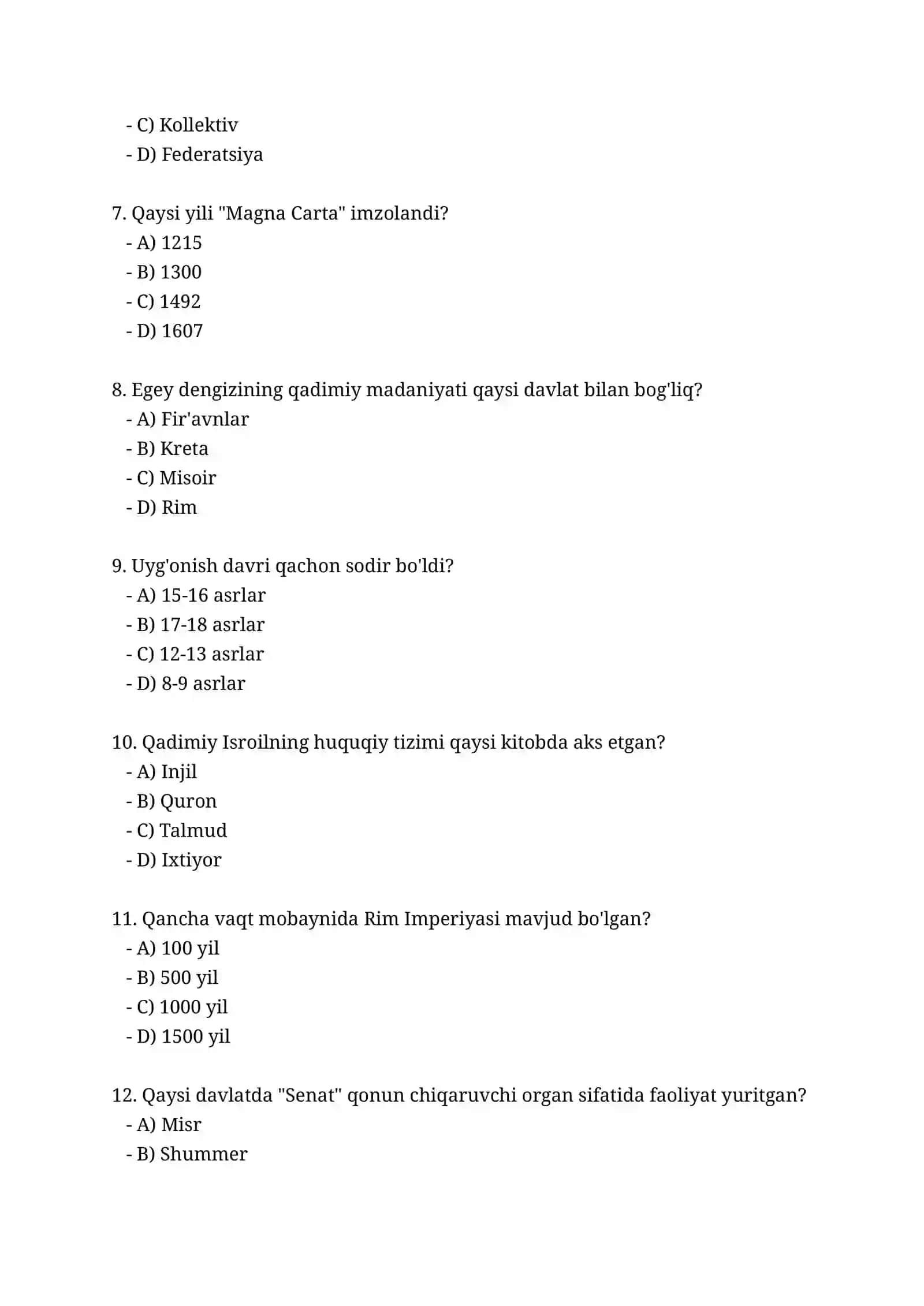 Davlat va Huquq Tarixi - 50 ta Test Savoli 2