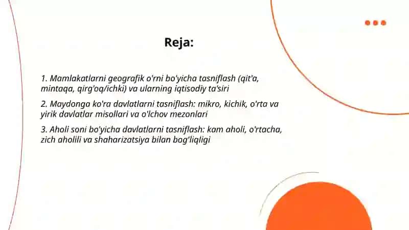 Mamlakatlarni geografik o'rni, maydoni 2