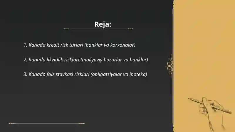 Kanada moliyaviy risk turlari haqida 2