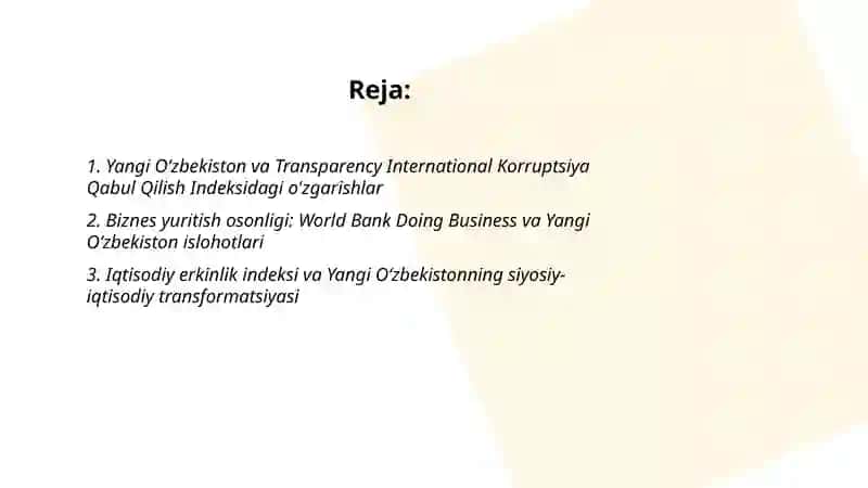 Yangi Oʻzbekiston ijtimoiy-siyosiy, iqtisodiy va madaniy hayotda roʻy berayotgan oʻzgarishlarning xalqaro reyting va indekslarda aks etishi 2