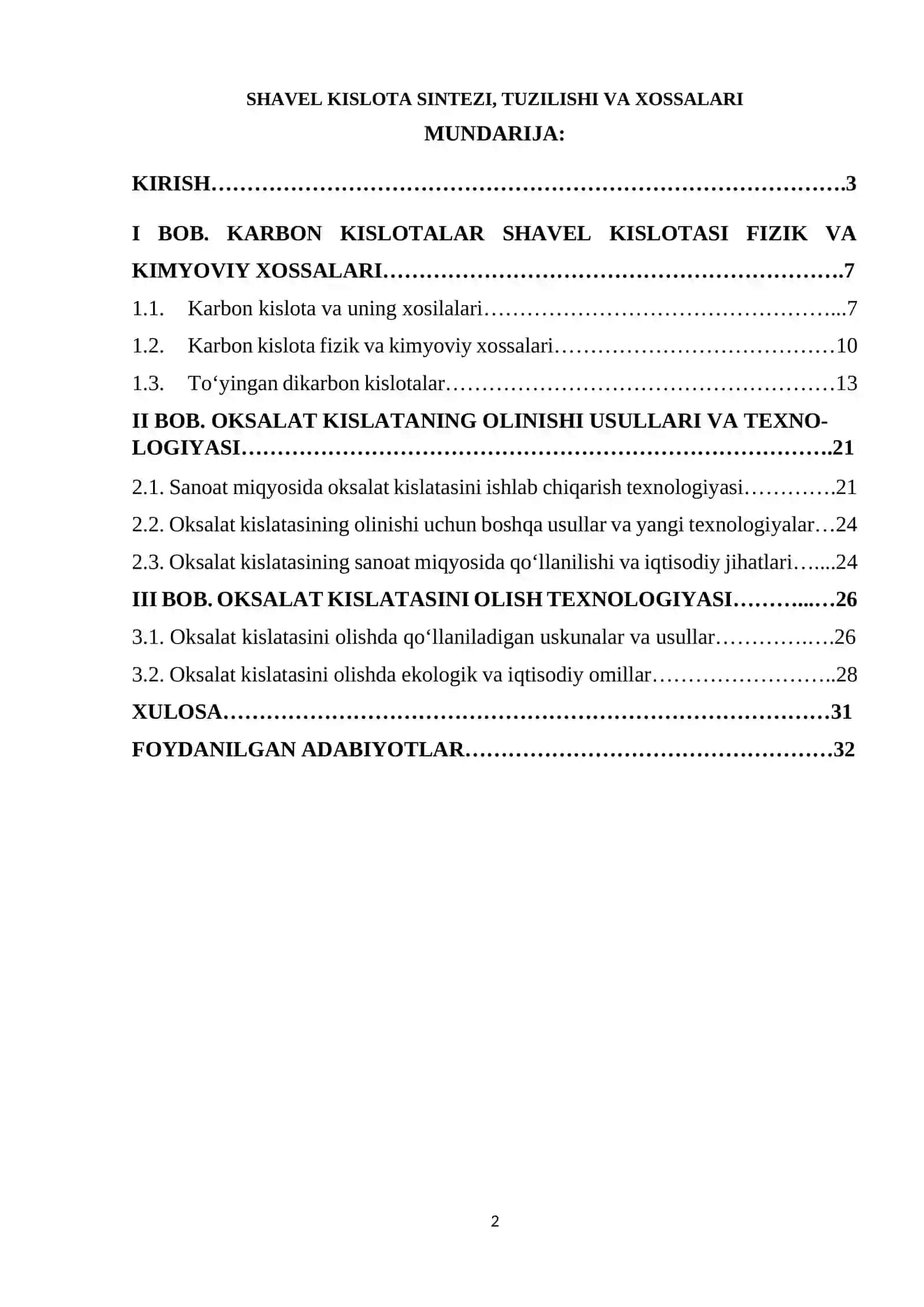 SHAVEL KISLOTA SINTEZI, TUZILISHI VA XOSSALARI 2
