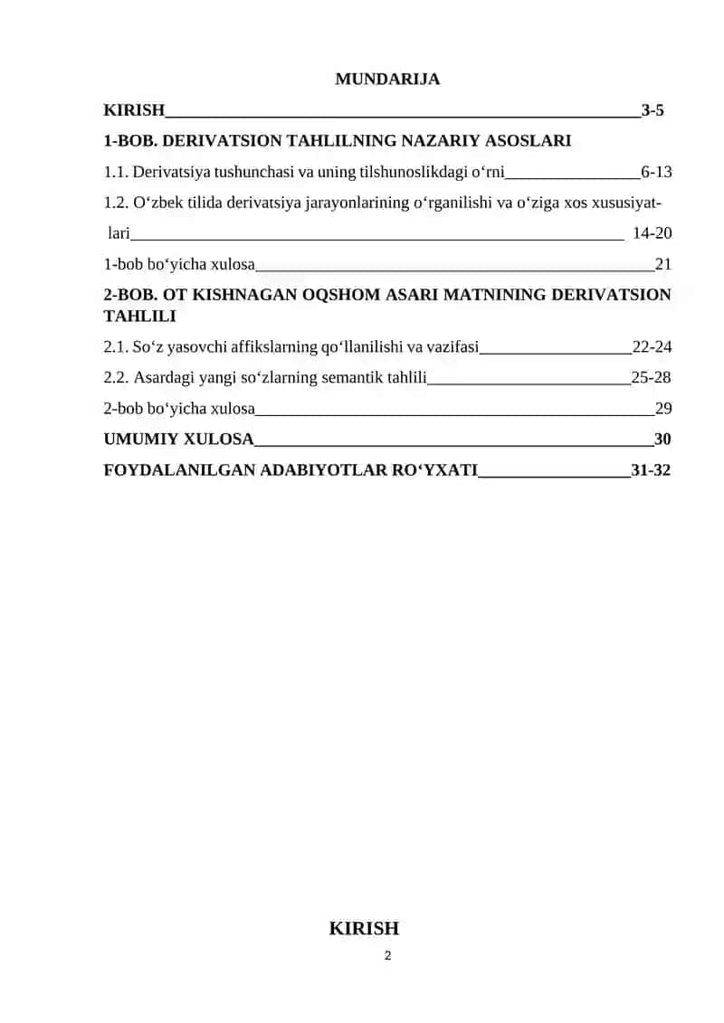DERIVATSION TAHLIL TO‘G‘AY MURODNING ‘‘OT KISHNAGAN OQSHOM’’ ASARI MISOLIDA 2