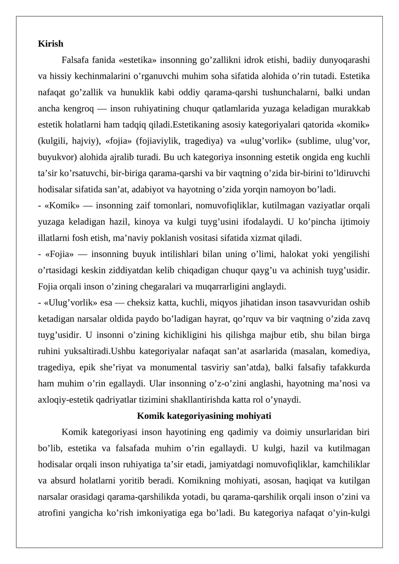 Komik, fojea va ulug’vorlik kategoriyalari va ularning estetik ahamiyati 2