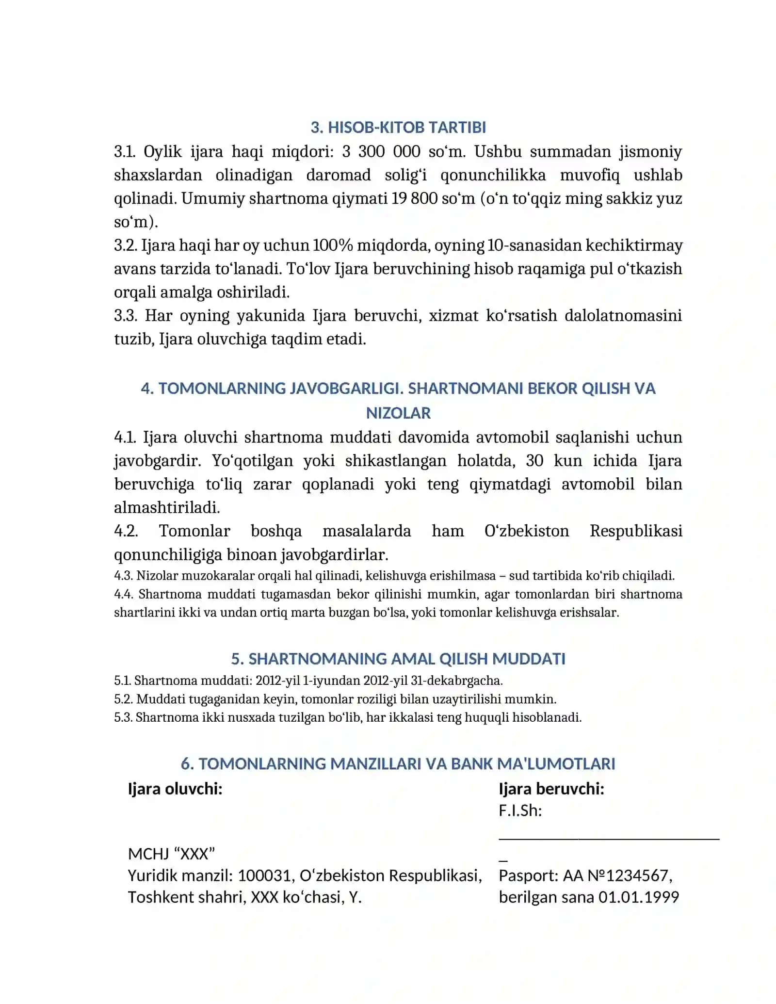 AVTOMOBIL IJARASI SHARTNOMASI 2