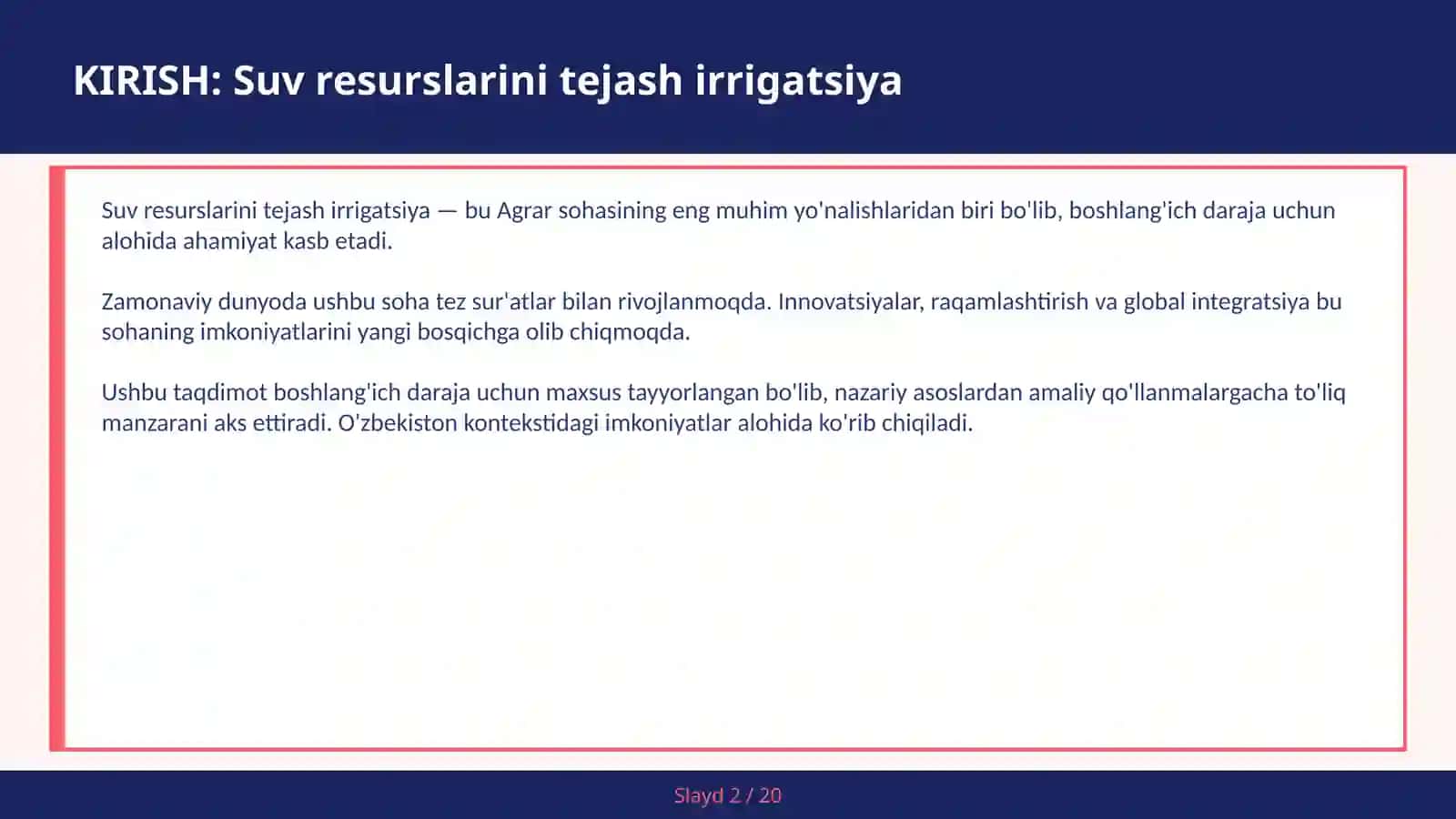 Suv resurslarini tejash irrigatsiya 2