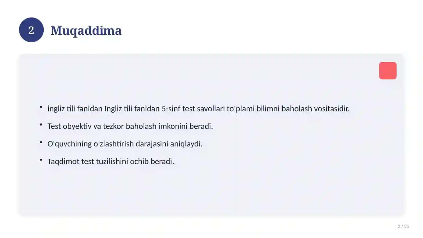 Ingliz tili fanidan 5-sinf test savollari to'plami 2