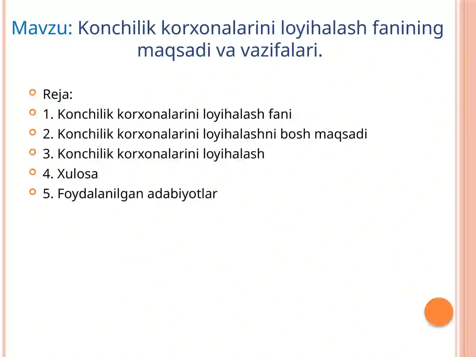 Konchilik korxonalarini loyihalash fanining 2