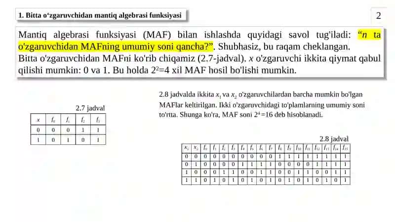 Mantiq algebrasi elementar funksiyalari. 2
