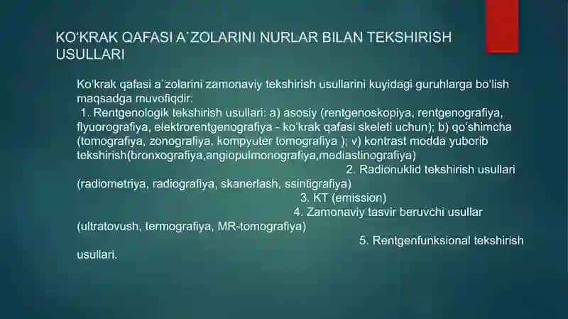 O’pka va ko’ks oralig’i kasalliklari nur bilan tekshirish usullari 2