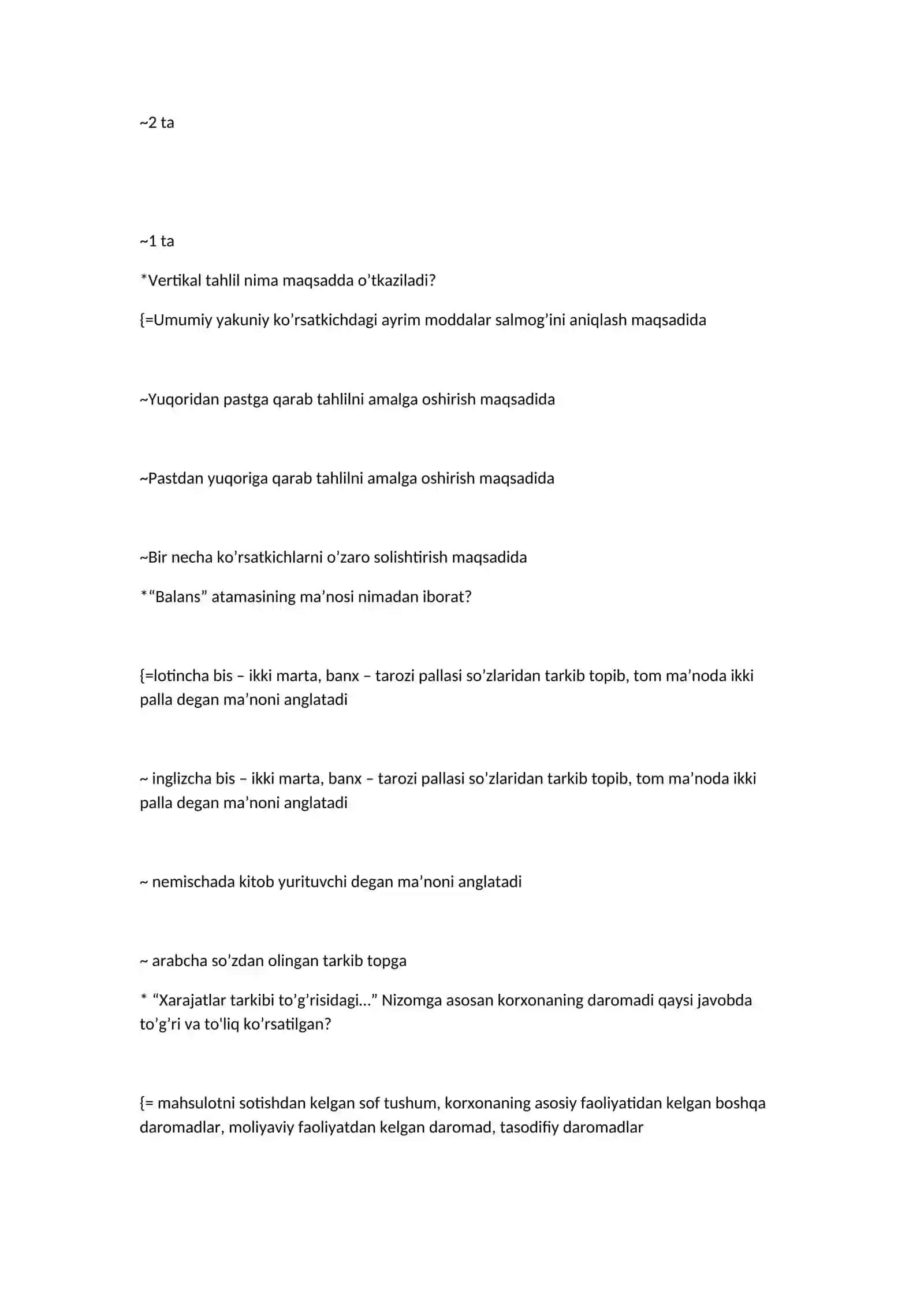 Moliyaviy tahlil fanidan test savollari 2