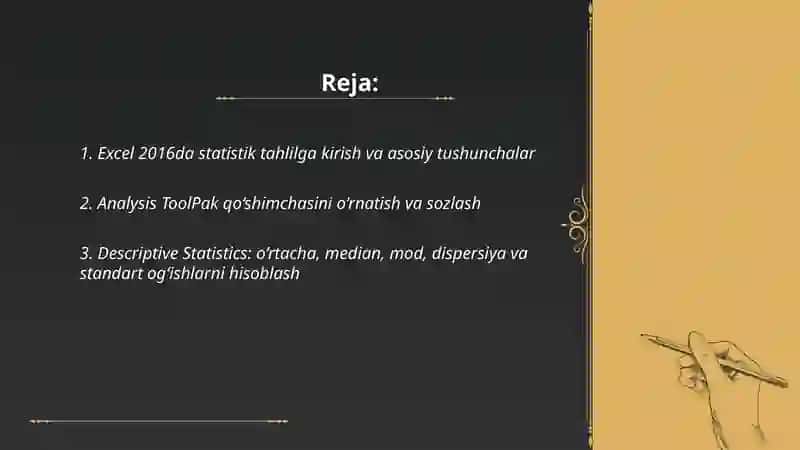 MS Excel -2016 dasturining statistik tahlillar qilish va yechimlar qidirish funksiyalari biln ishlash 2