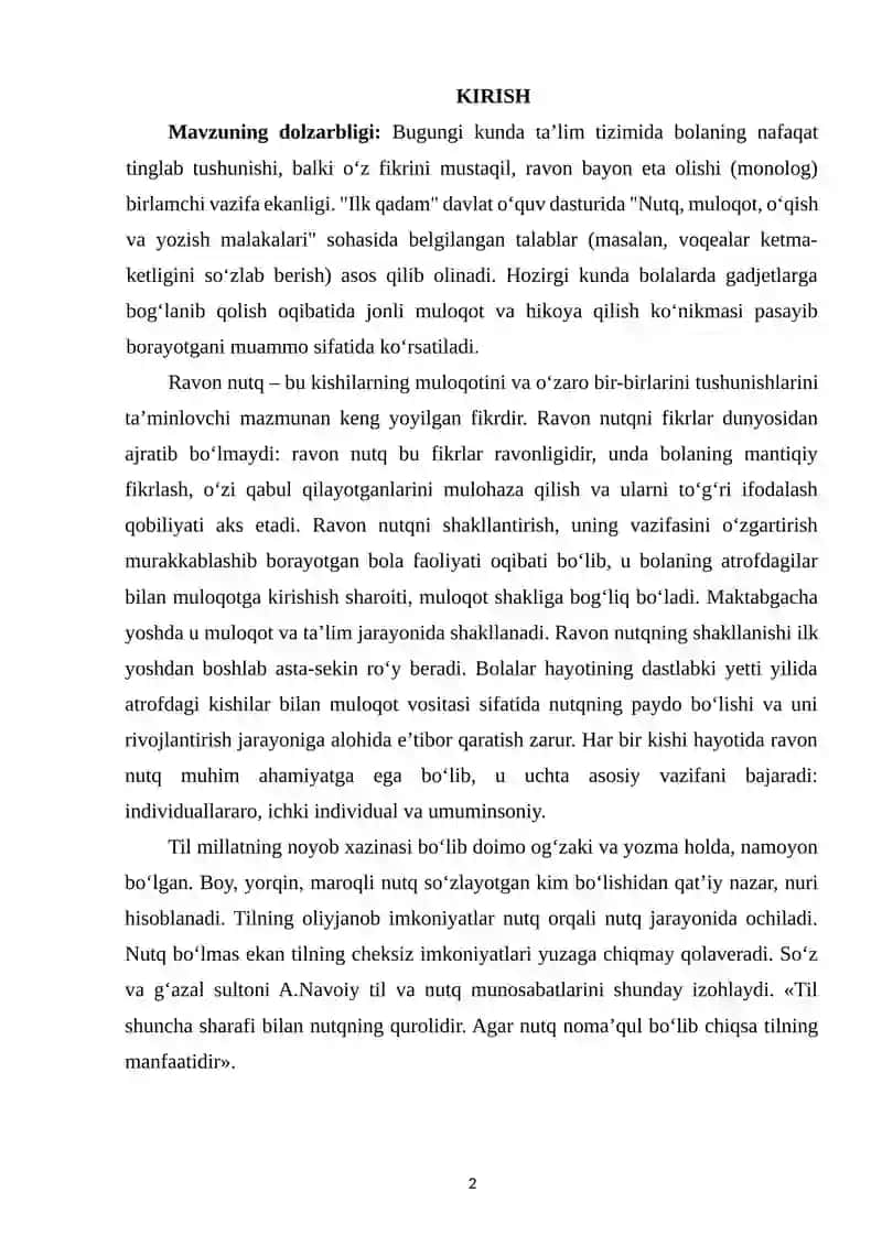 MONOLOGIK NUTQNI RIVOJLANTIRISHGA DOIR MASHG‘ULOTLAR 2