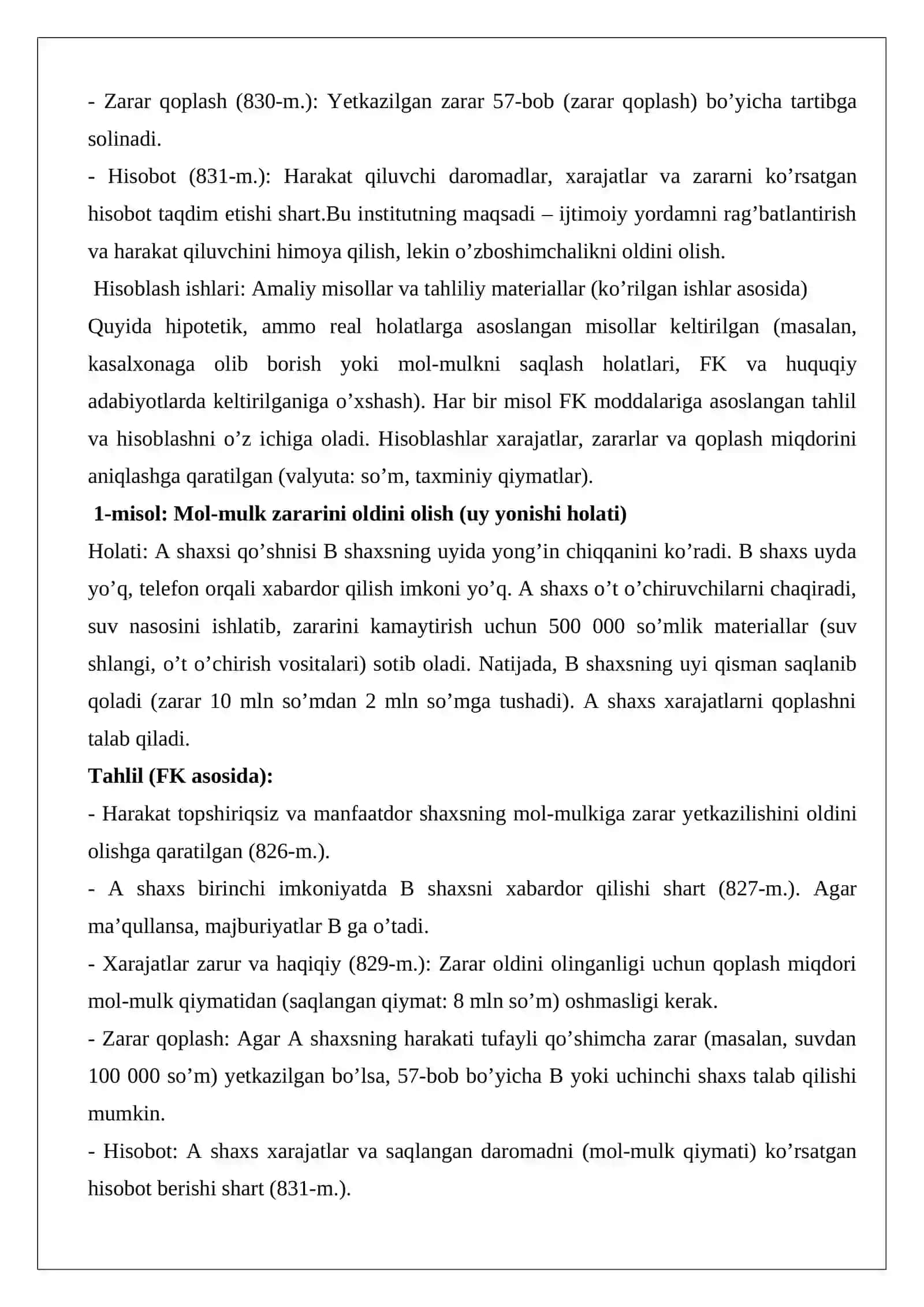 Begona shaxsning manfaatini ko’zlab topshiriqsiz harakat qilish (negotiorum gestio) tushunchasi va huquqiy oqibatlari. Topshiriq: Hisoblash ishlari 2