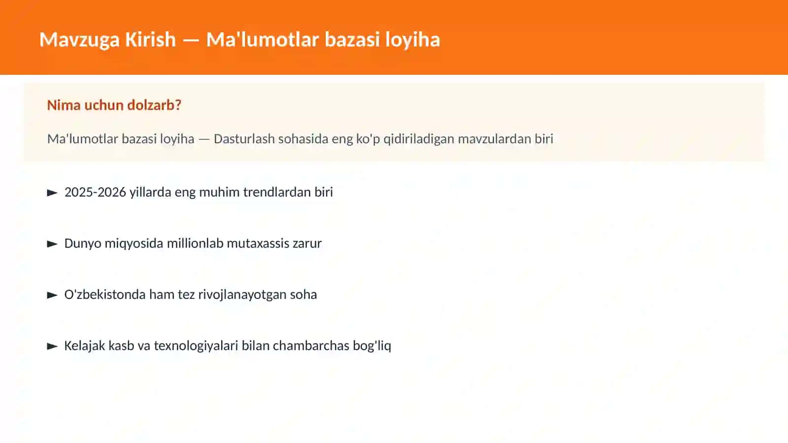 Mavzuga Kirish — Ma'lumotlar bazasi loyiha 2