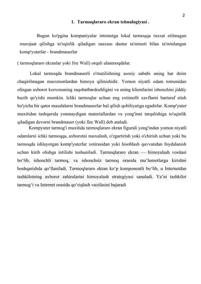Tarmoqlararo ekran texnologiyasi imkoniyatlari. 2