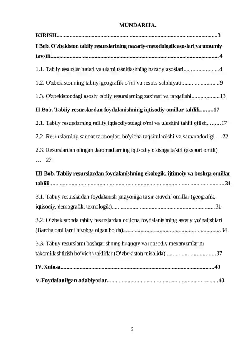 Barcha omillarni hisobga ol metodi orqali O'zbekiston tabiiy resurslari 2