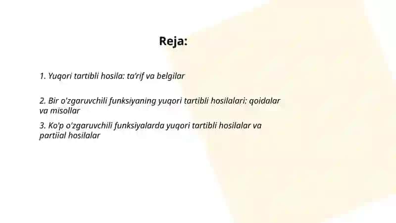 Yuqori tartibli hosilalar 2