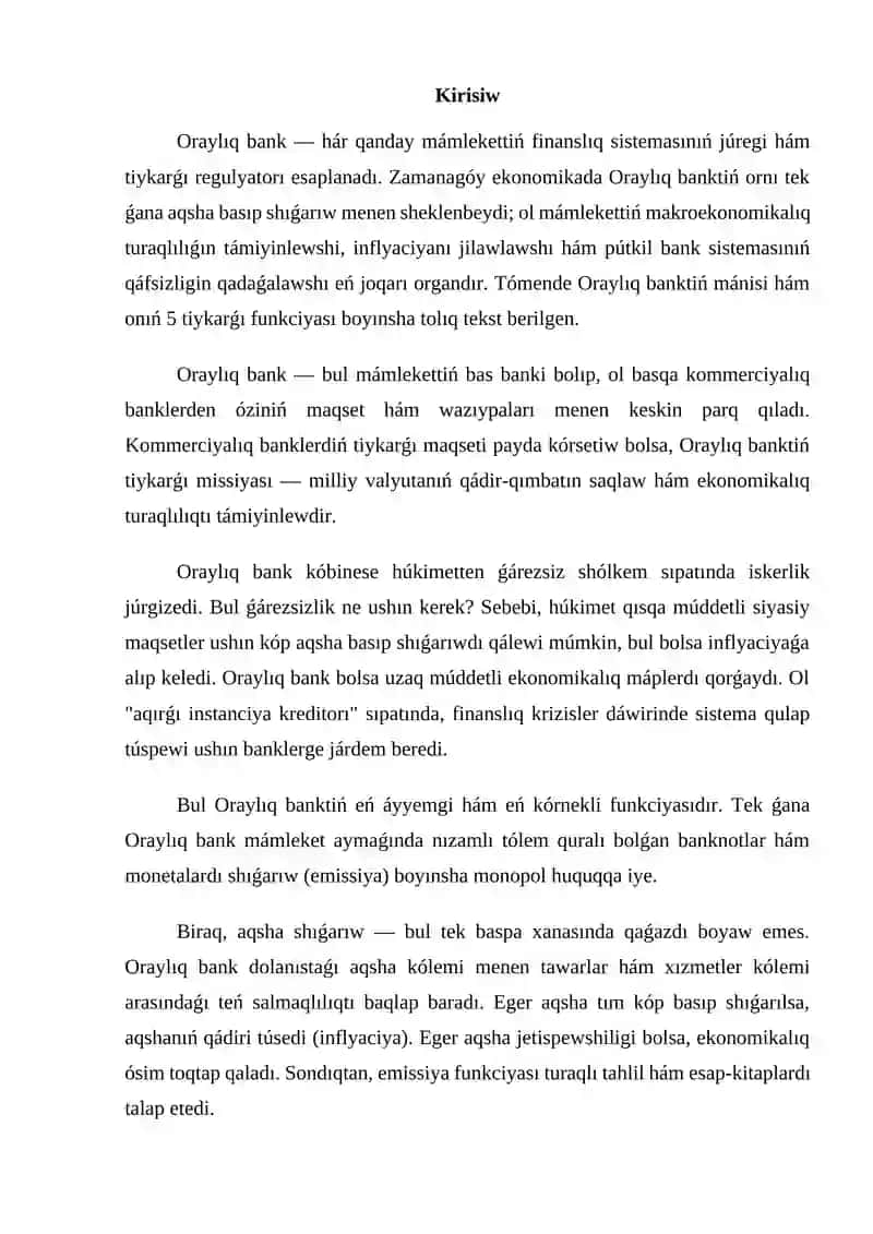 Oraylıq bank hám onıń funkciyaları 2