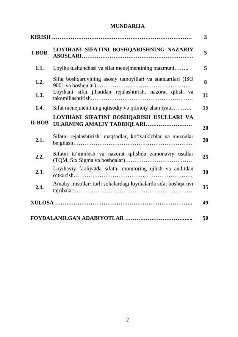Loyihani sifatini boshqarishni tahlil qilish 2