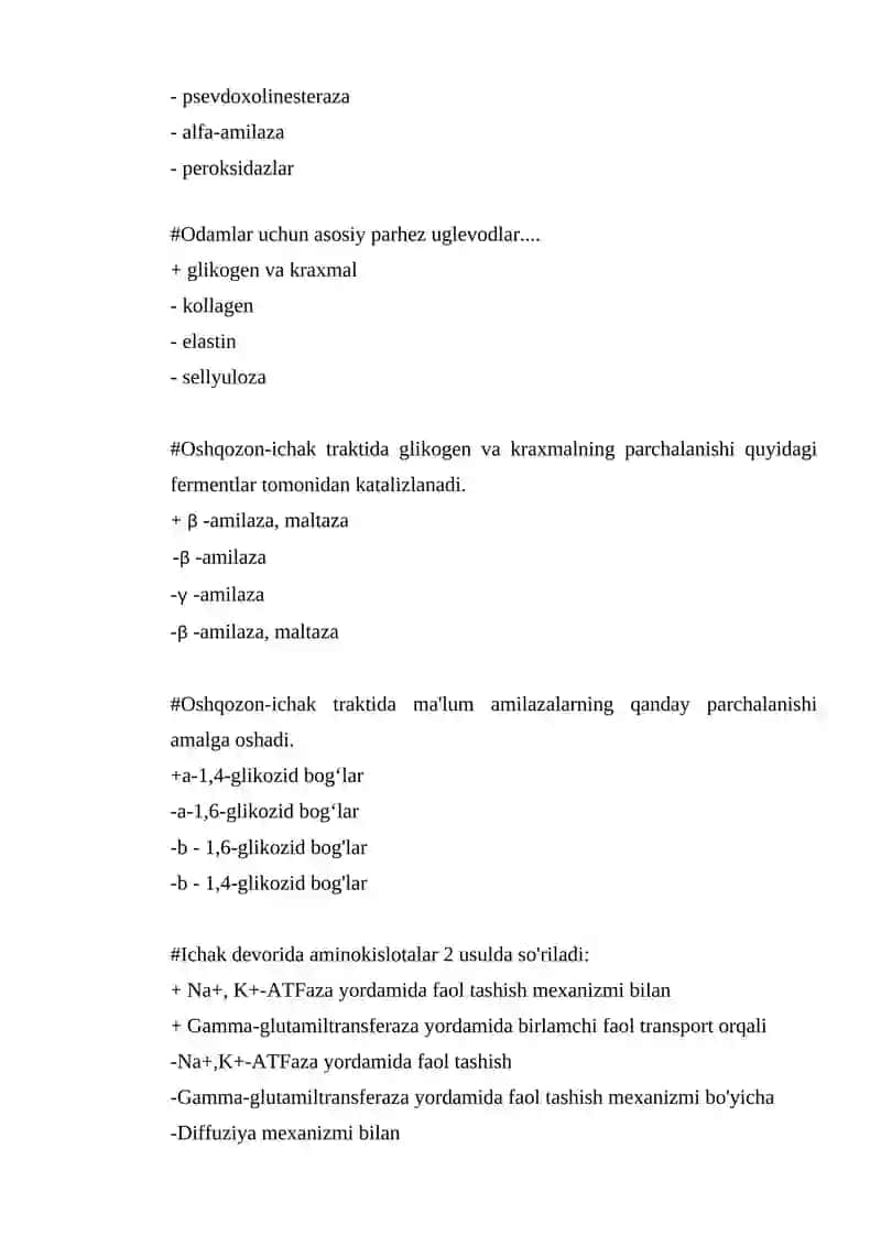 OSHQOZON –ICHAK TIZIMI BIOKIMYOSI test 2