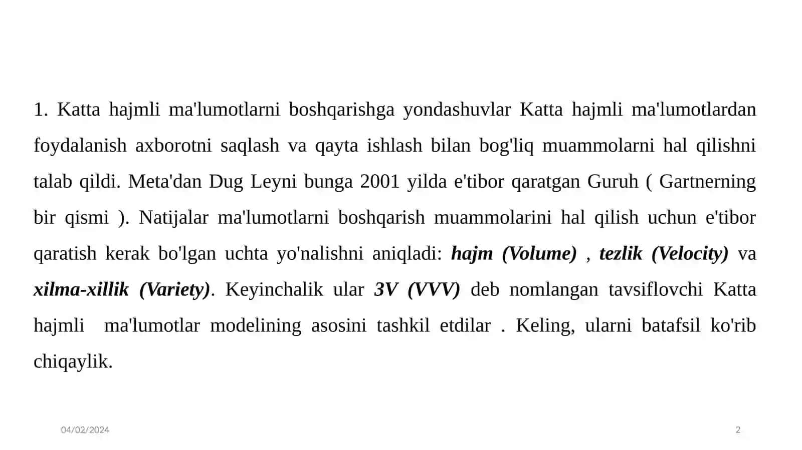 KATTA HAJMLI MA'LUMOTLARNI BOSHQARISH ASOSLARI 2