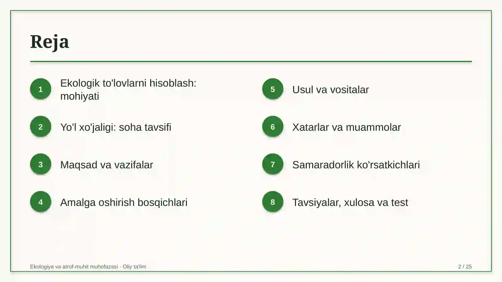 Yo'l xo'jaligida ekologik to'lovlarni hisoblash 2
