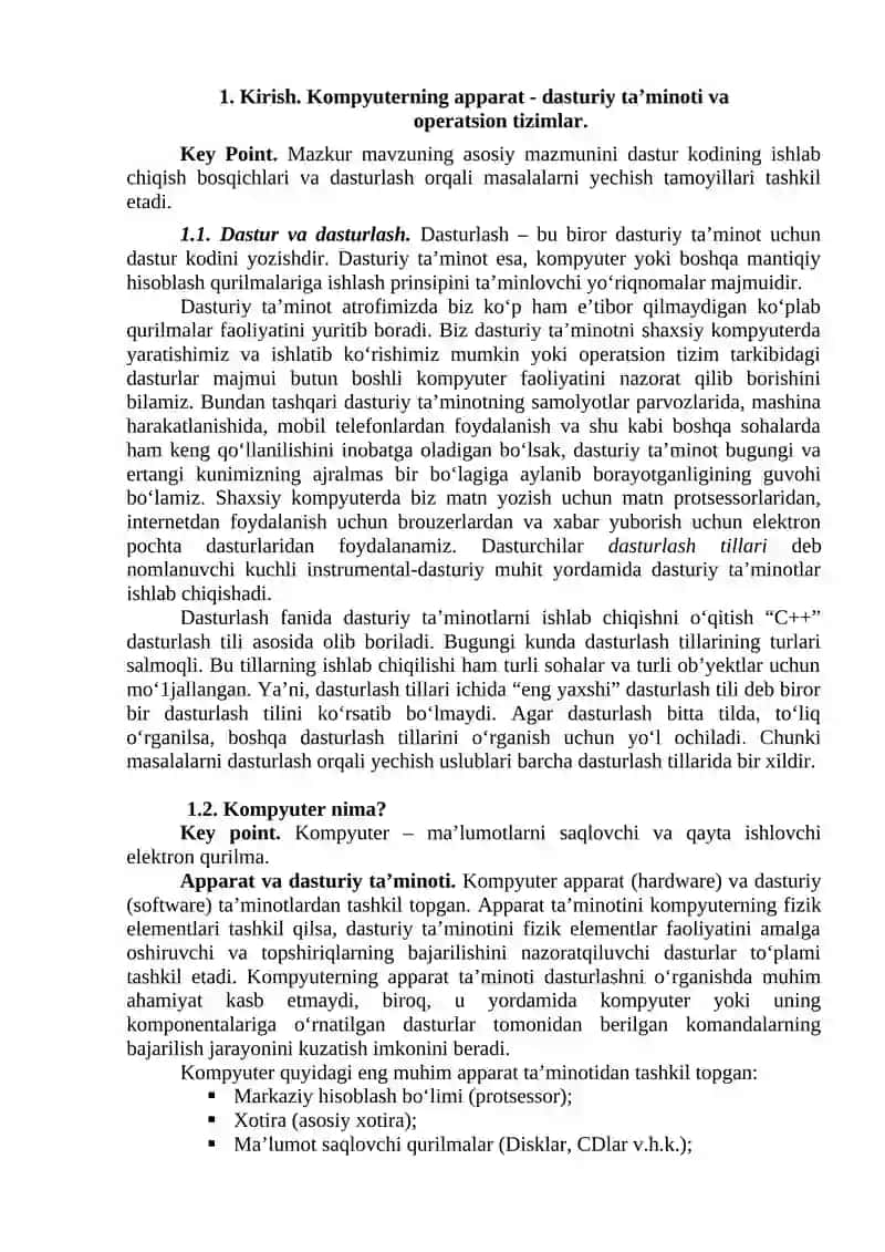 Kirish. Kompyuterlar, dastur va C++ tili bo`yicha boshlang`ich ma’lumotlar 2