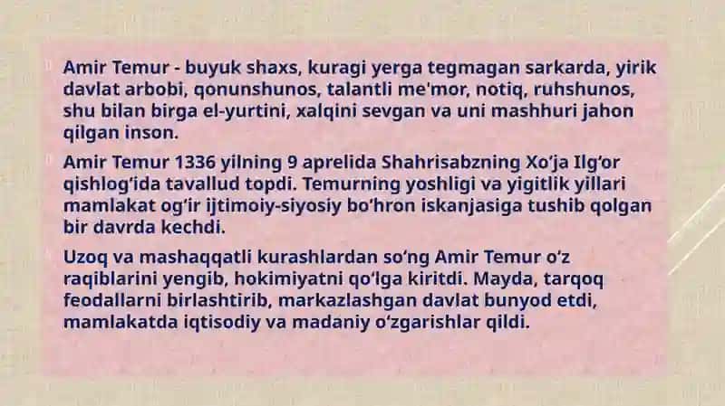 AMIR TEMUR BUYUK DAVLAT ARBOBI VA SARKARDA 2
