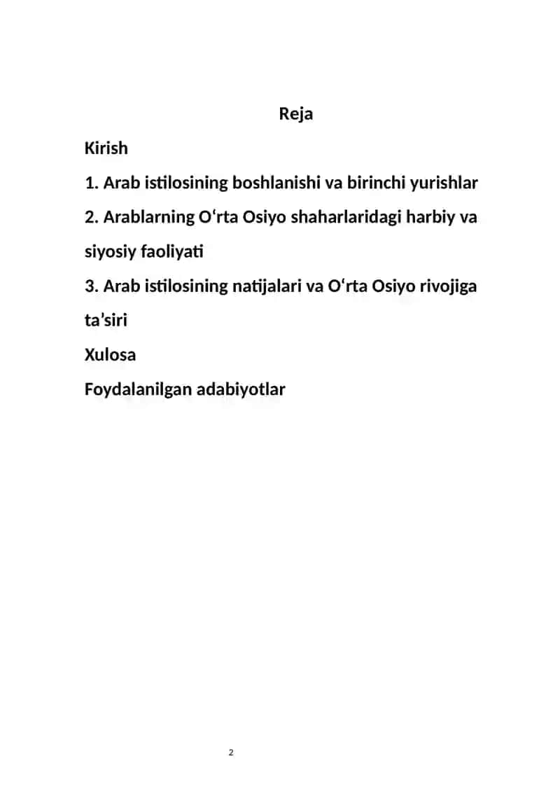Arablarning O‘rta Osiyoni istilo qilishi  mavzusida 2