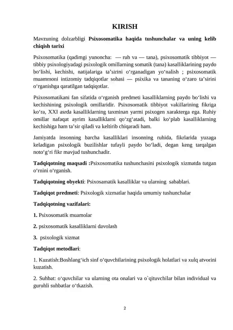 Psixosomatika tushunchasini psixologik xizmatda tutgan o‘rni 2