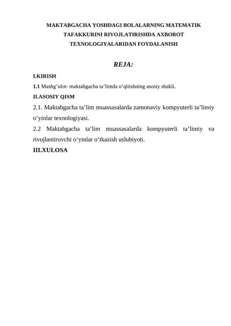 MAKTABGACHA YOSHDAGI BOLALARNING MATEMATIK TAFAKKURINI RIVOJLATIRISHDA AXBOROT TEXNOLOGIYALARIDAN FOYDALANISH 2