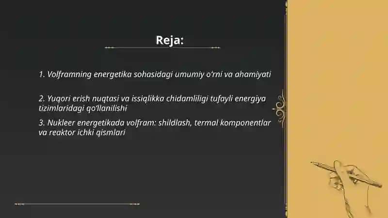 Volfram energetika sohasidagi oʻrni 2