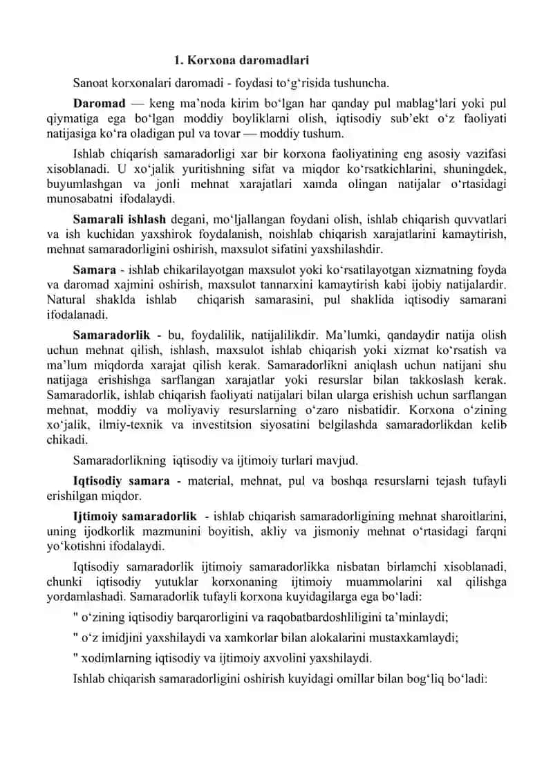 Korxona faoliyati moliyaviy natijalari. 2