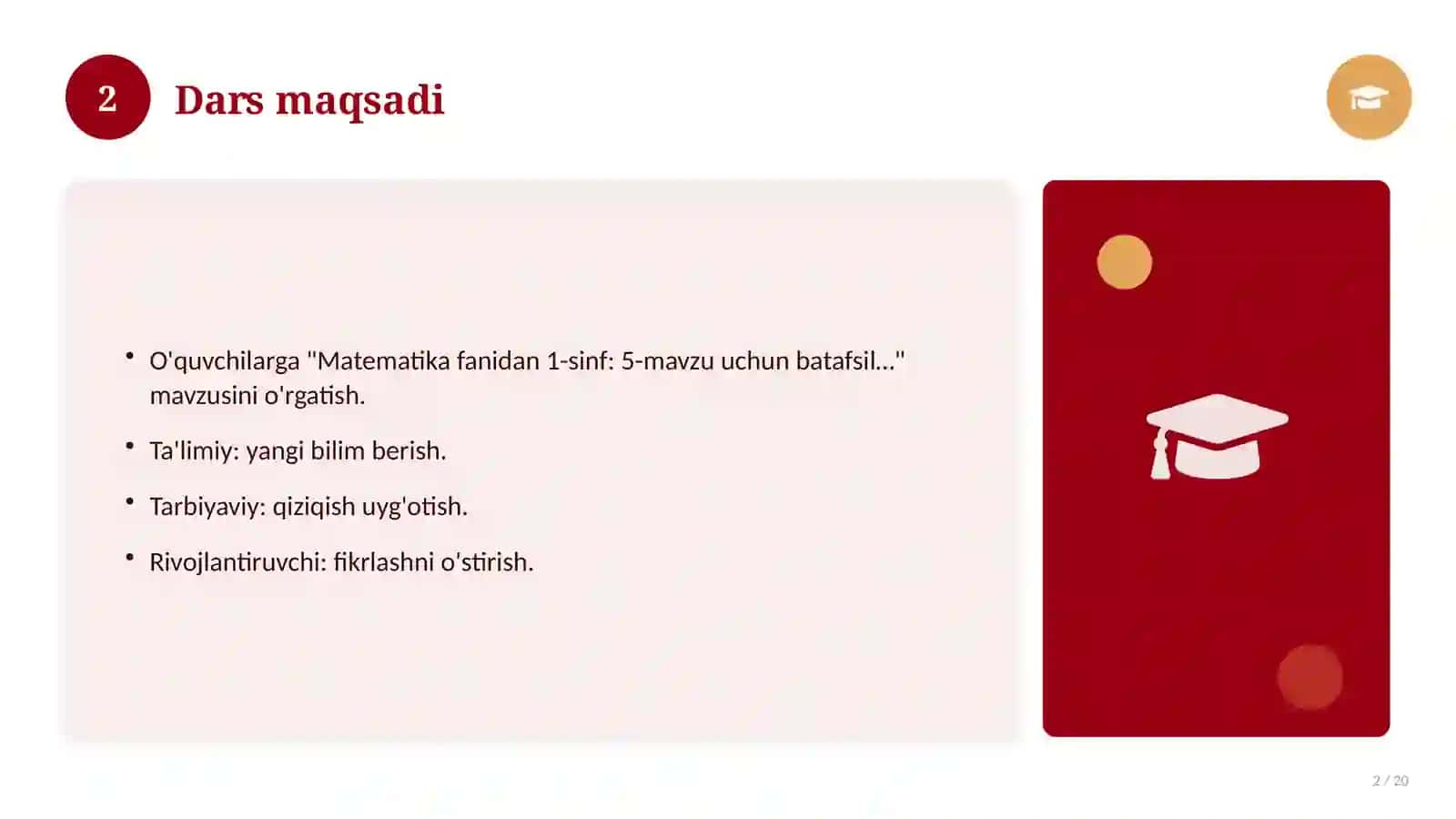 Matematika fanidan 1-sinf: 5-mavzu uchun batafsil dars ishlanmasi 2