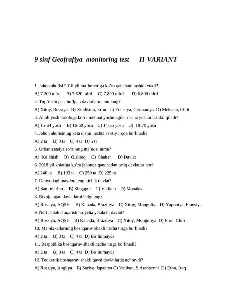 9-sinf Geofrafiya monitoring test 2