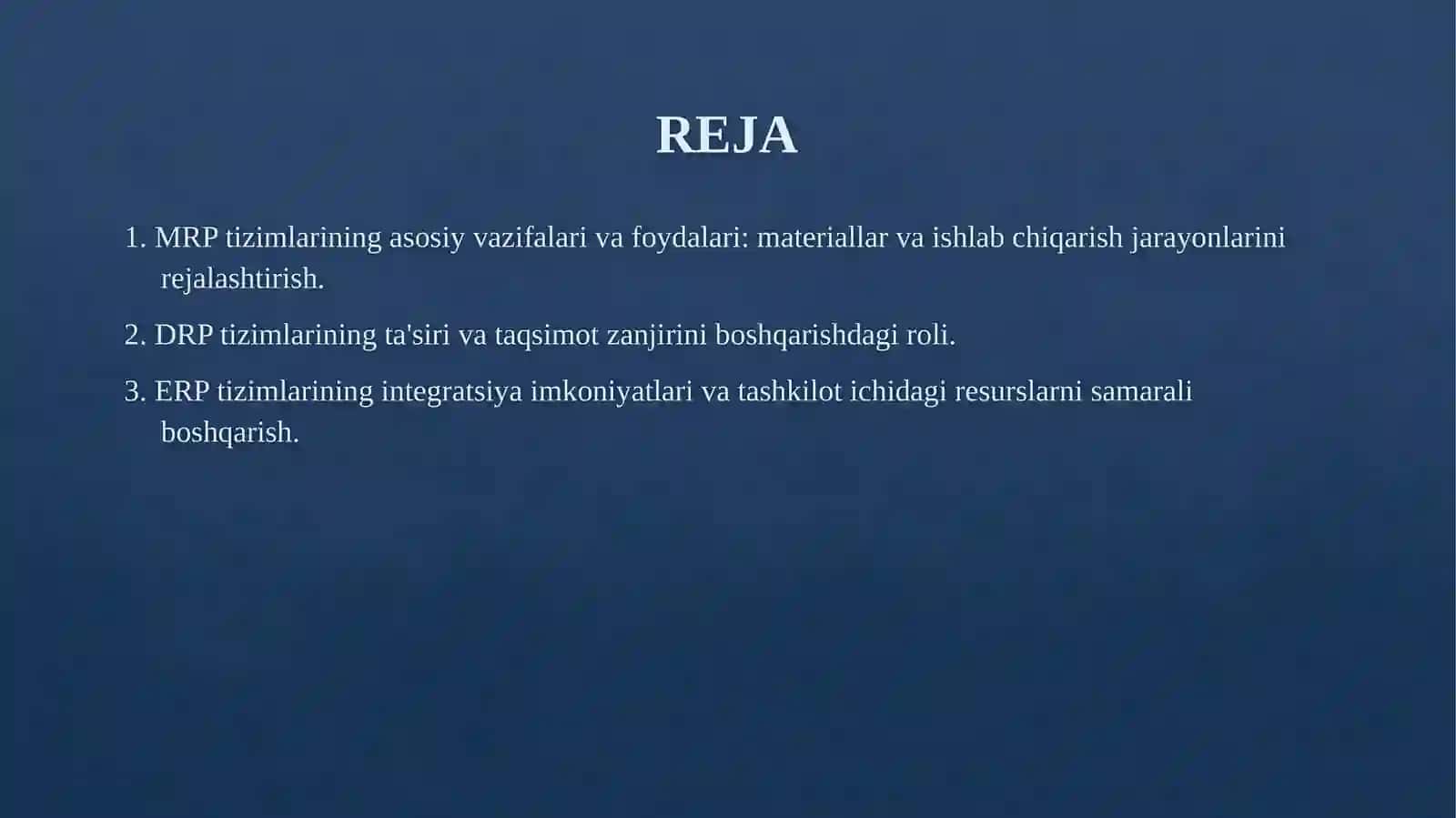 Moddiy oqimlarni rejalashtirish  MRP, DRP, ERP tizimlari.0 2