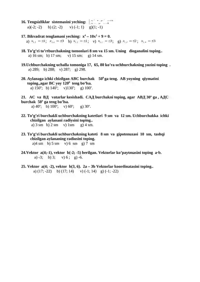 Matematika 8 sinf test 2