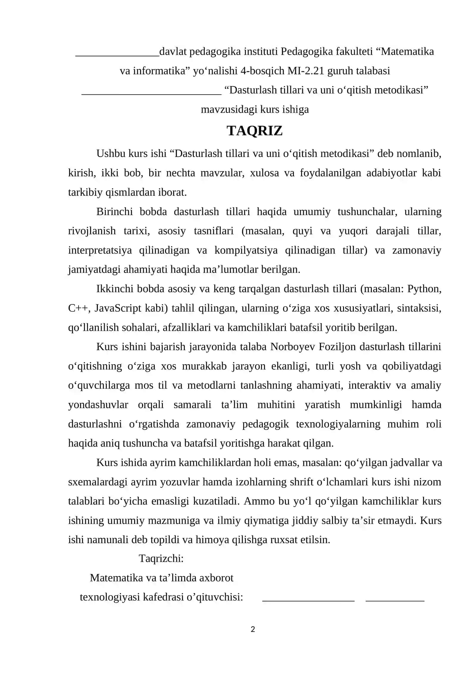 Dasturlash tillari va uni o'qitish metodikasi 2