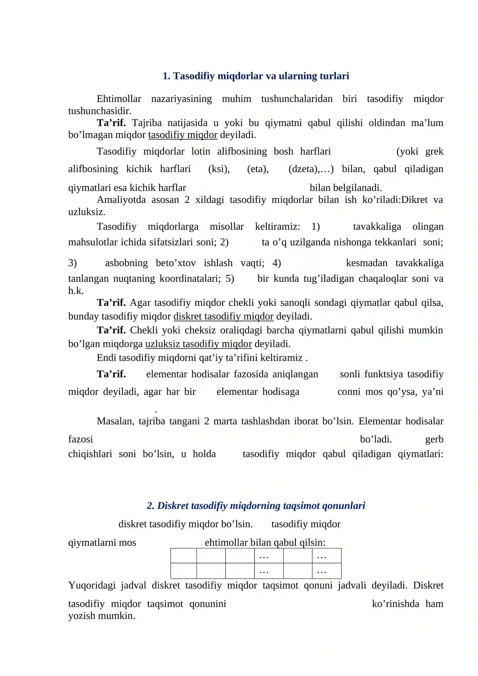 TASODIFIY MIQDORLAR VA ULARNING TAQSIMOT QONUNLAR 2