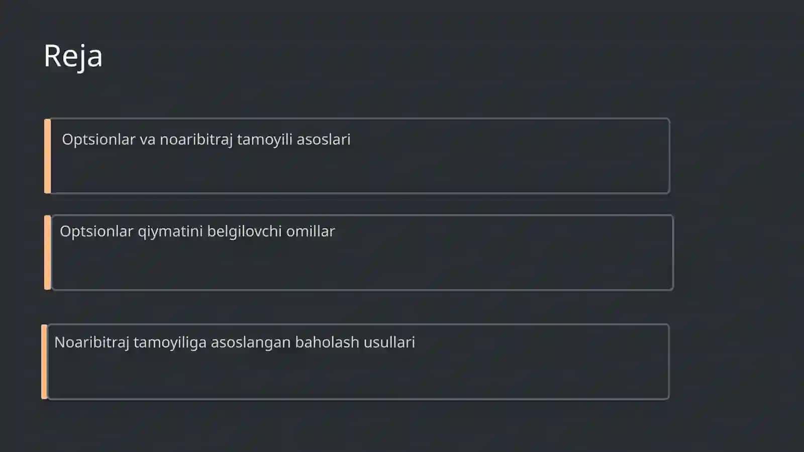 Optsionlar qiymatini noaribitraj tamoyilida baholash 2