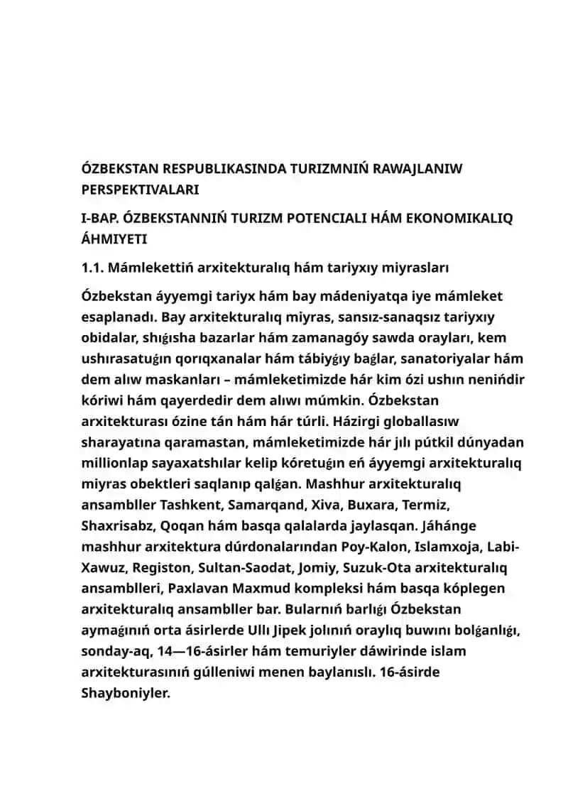 Ózbekstanda turizmniń rawajlanıwı. 2