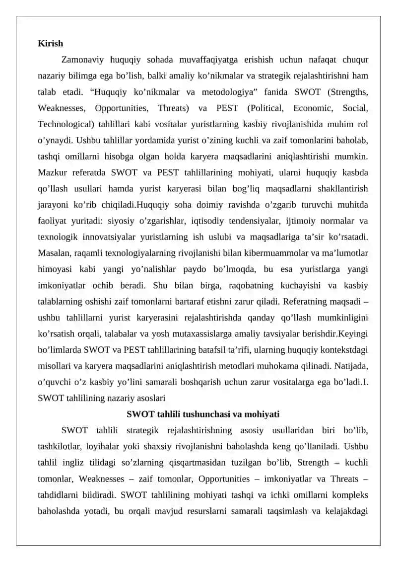 SWOT va PEST tahlillari. Yurist karyerasi bilan bog’liq maqsadlarni aniqlashtirish 2