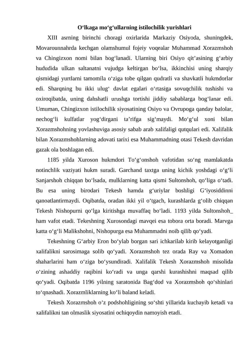 QASHQADARYO VOHASIDA MO'G'ULLARGA QARSHI MILLIY -OZODLIK HARAKATLARI 2