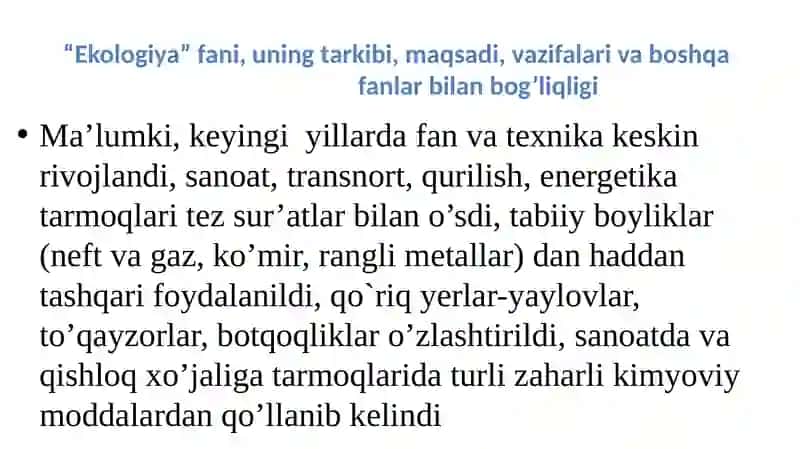 ATROFMUHITNI MUHOFAZA QILISH MUAMMOLARININGDOLZARBLIGI, EKOLOGIYANING HUQUQIY ASOSLARI VA O’ZBEKISTONDA TABIATNI MUXOFAZA QILISH QONUNCHILIGI 2