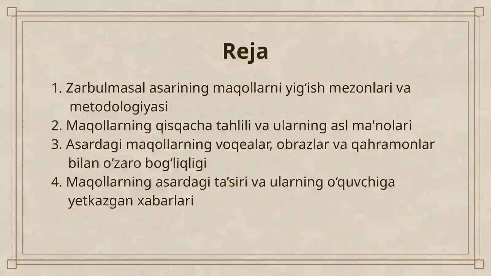 "ZARBULMASAL" ASARIDAGI MAQOLLARNI TO'PLASH VA ASARDAGI O'RNINI ANIQLASH 2