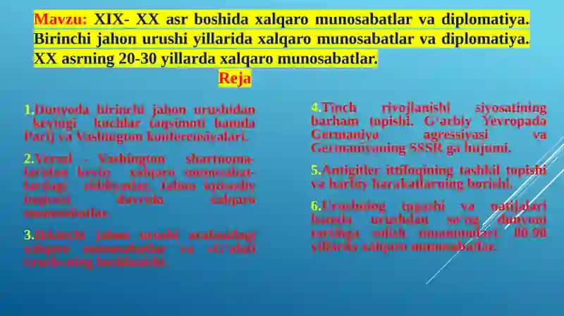 XIX- XX asr boshida xalqaro munosabatlar va diplomatiya 2