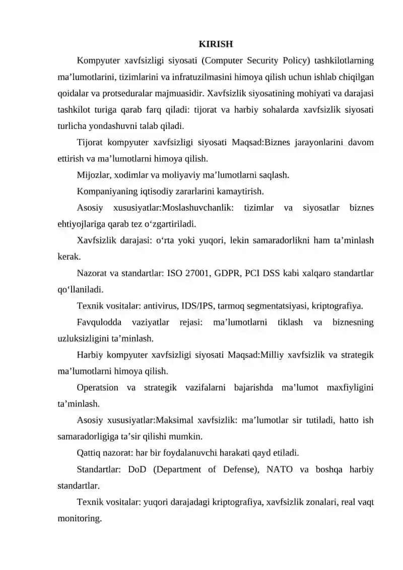 TIJORAT VA HARBIY KOMPYUTER XAVFSIZLIGI SIYOSATINI TAQQOSLASH 2