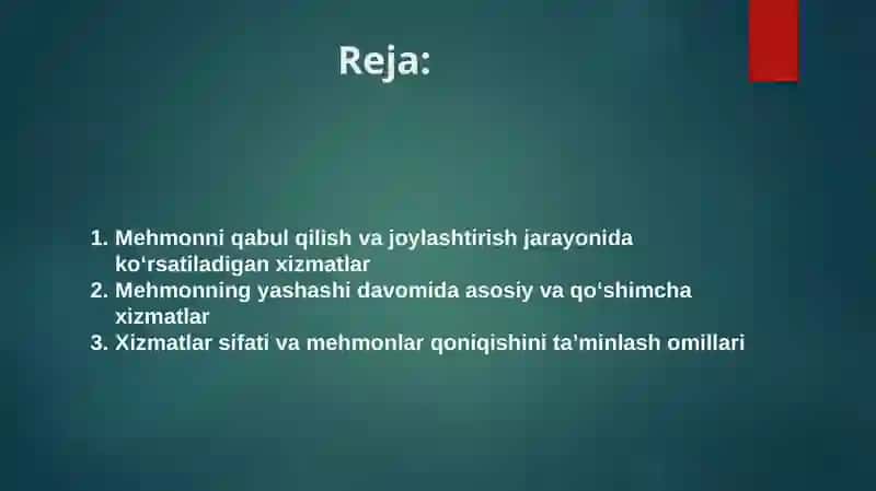 Mehmonning mehmonxonada yashashi davomida ko‘rsatiladigan xizmatlar 2