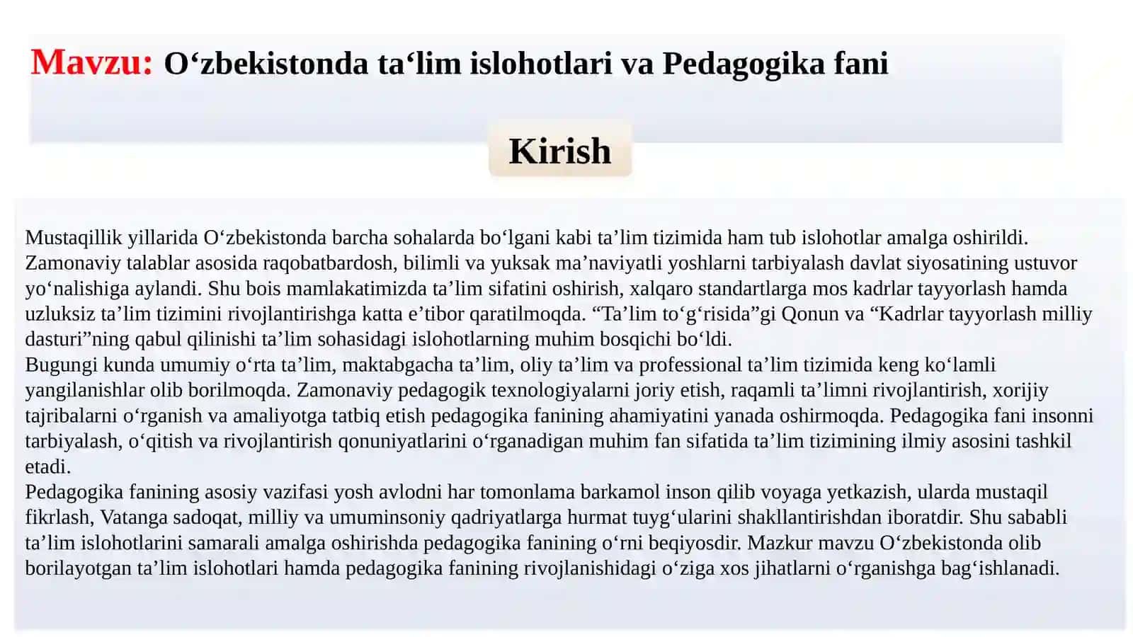 O‘zbekistonda ta’lim islohotlari va Pedagogika fani 2
